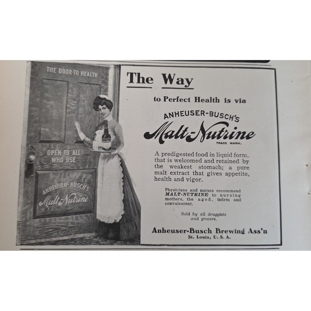 1904 Anheuser-Busch Malt-Nutrine Print Ad Nurse Door to Health St Louis MO